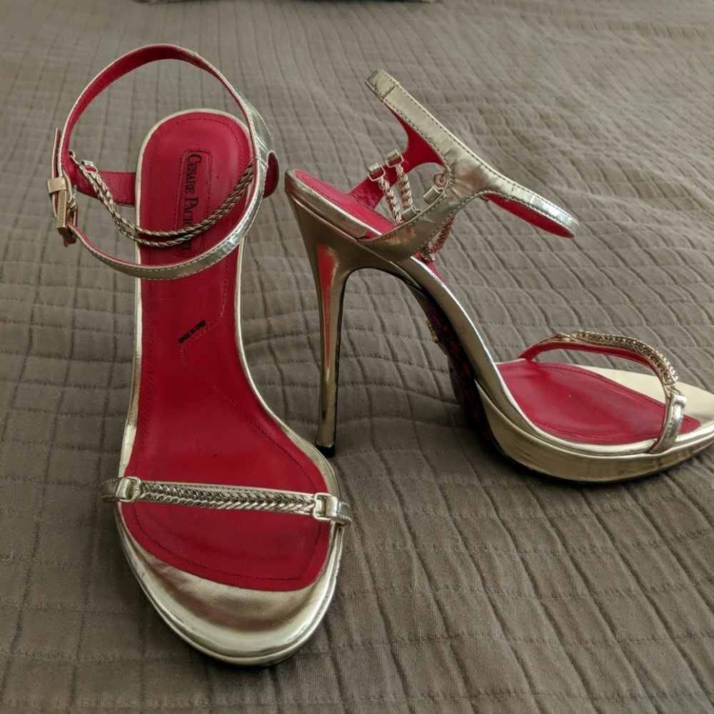 Red Bottom Casare Paciotti Gold High Heel Sandals